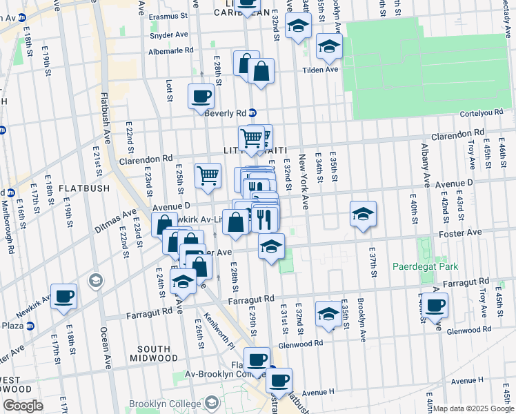 map of restaurants, bars, coffee shops, grocery stores, and more near Avenue D in Brooklyn