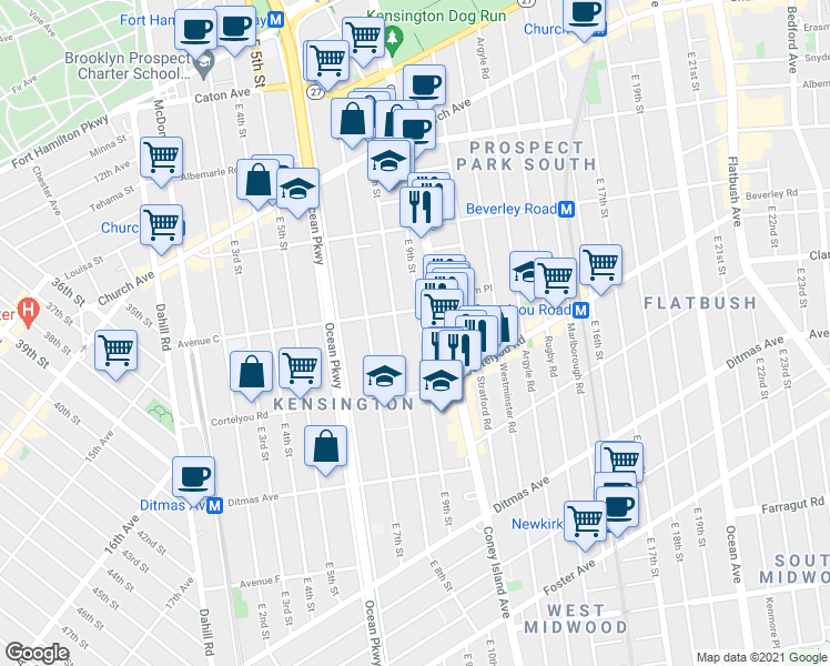 map of restaurants, bars, coffee shops, grocery stores, and more near 361 East 8th Street in Brooklyn
