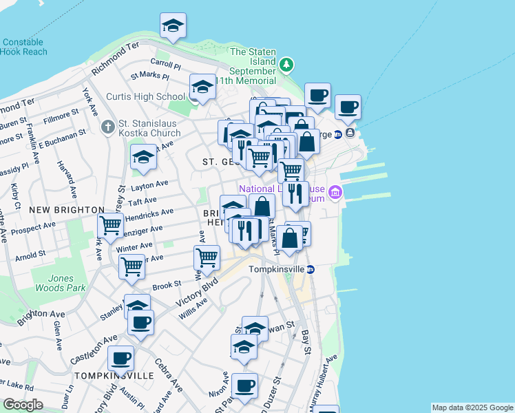 map of restaurants, bars, coffee shops, grocery stores, and more near 36 Montgomery Avenue in Staten Island