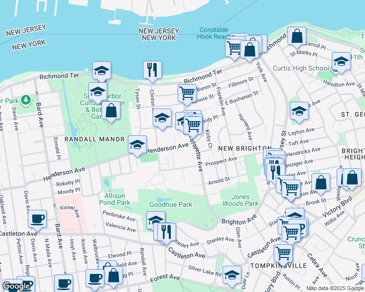 map of restaurants, bars, coffee shops, grocery stores, and more near 91 Henderson Avenue in Staten Island