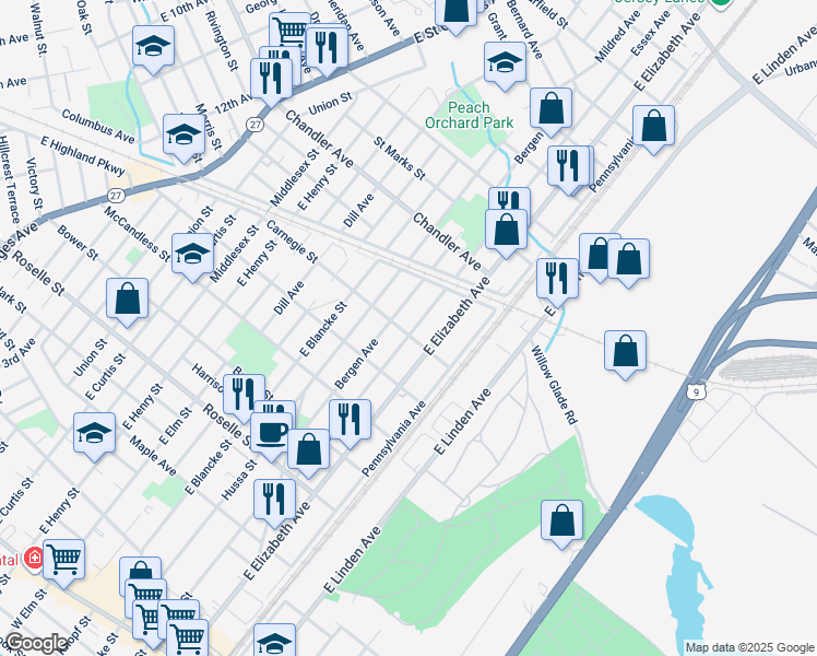 map of restaurants, bars, coffee shops, grocery stores, and more near 302 Carnegie Street in Linden