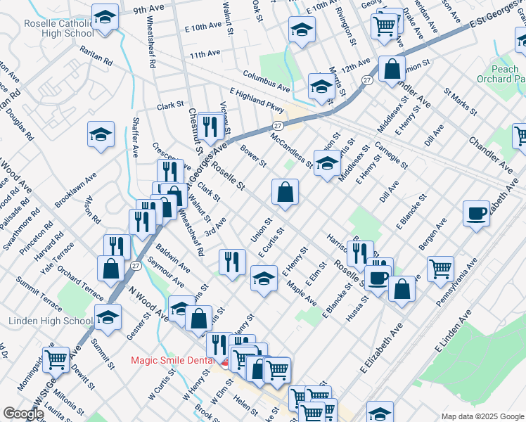 map of restaurants, bars, coffee shops, grocery stores, and more near 1204 Roselle Street in Linden