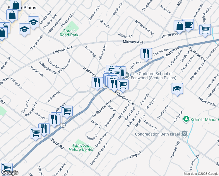 map of restaurants, bars, coffee shops, grocery stores, and more near in Fanwood