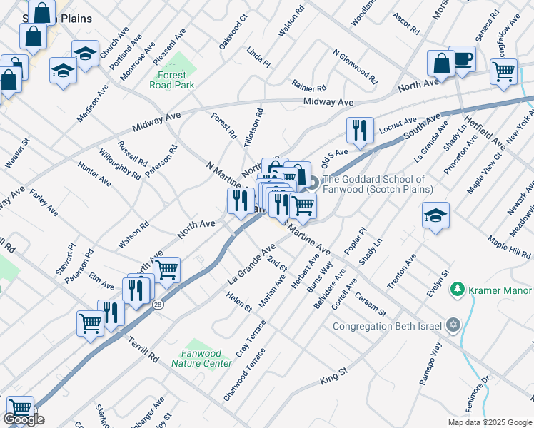 map of restaurants, bars, coffee shops, grocery stores, and more near in Fanwood
