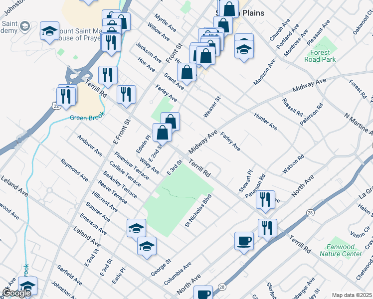 map of restaurants, bars, coffee shops, grocery stores, and more near 520 Martin Place in Scotch Plains