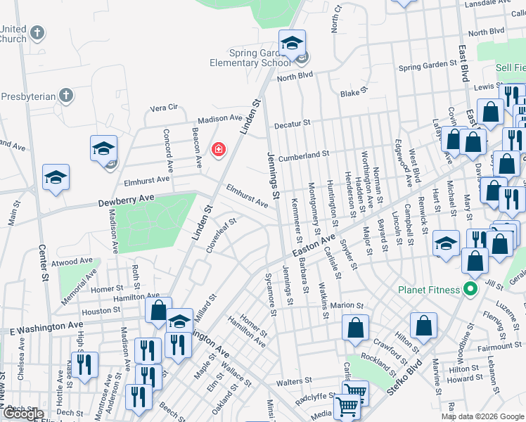 map of restaurants, bars, coffee shops, grocery stores, and more near 731 Elmhurst Avenue in Bethlehem