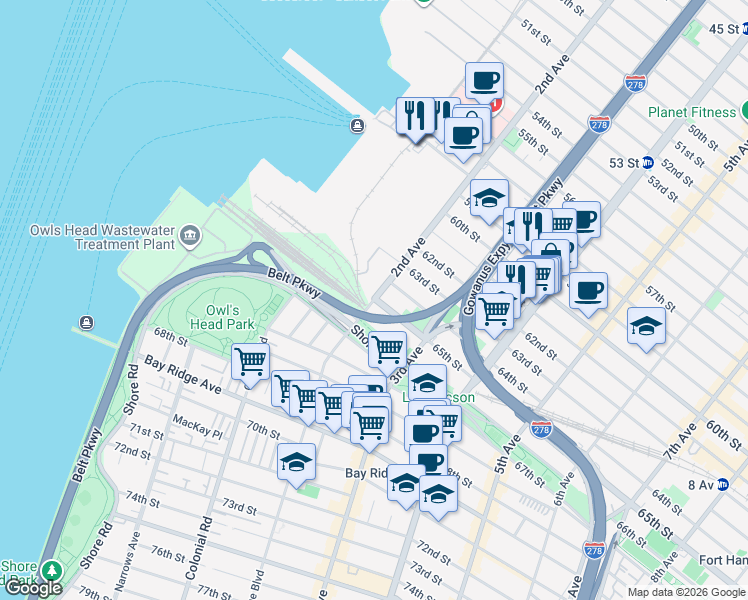 map of restaurants, bars, coffee shops, grocery stores, and more near 65th Street & 2nd Avenue in Brooklyn