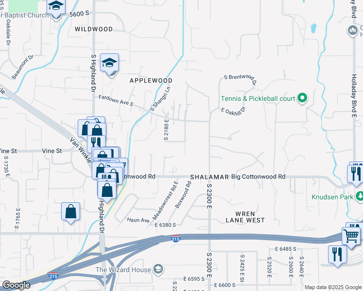 map of restaurants, bars, coffee shops, grocery stores, and more near 6080 South 2230 East in Salt Lake City
