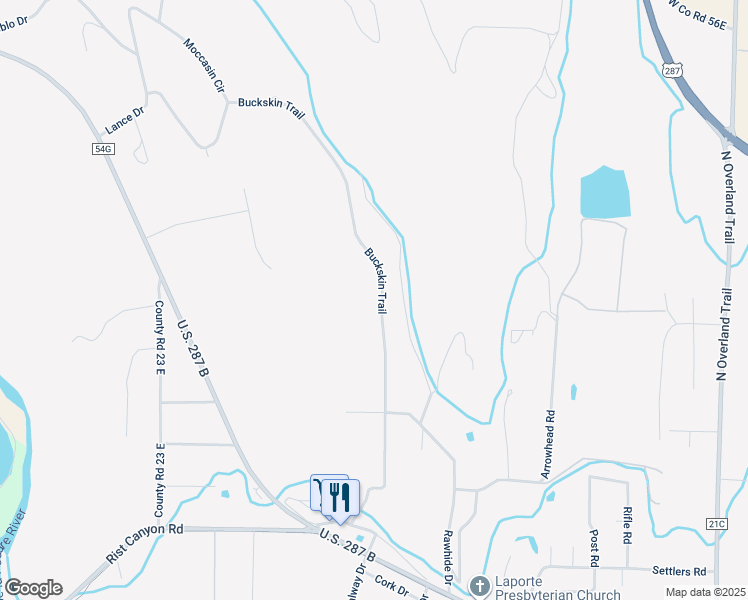 map of restaurants, bars, coffee shops, grocery stores, and more near 3701 Buckskin Trail in Laporte