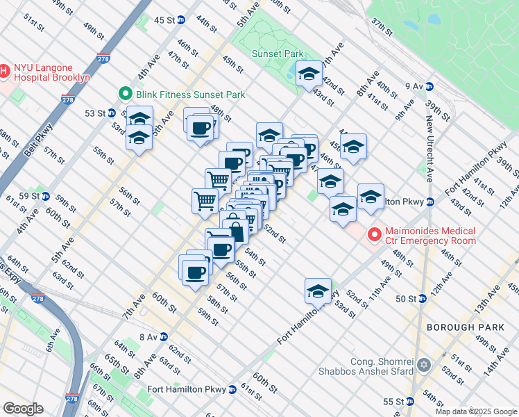 map of restaurants, bars, coffee shops, grocery stores, and more near 744 51st Street in Brooklyn