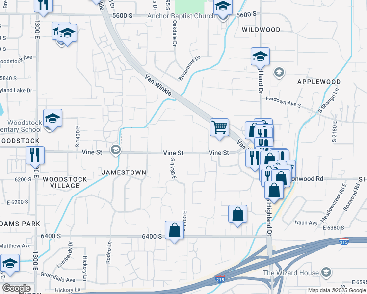 map of restaurants, bars, coffee shops, grocery stores, and more near 1751 Vine Street in Murray