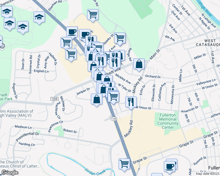 map of restaurants, bars, coffee shops, grocery stores, and more near 1276 Hampshire Drive in Fullerton