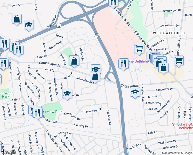 map of restaurants, bars, coffee shops, grocery stores, and more near 1831 Catasauqua Road in Bethlehem