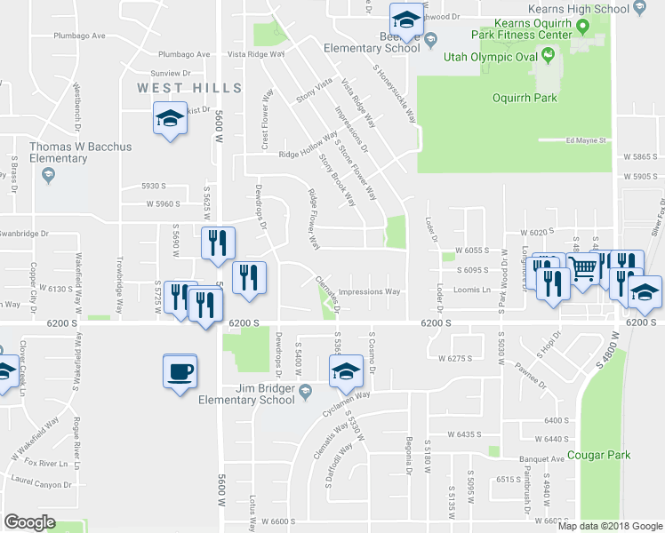 map of restaurants, bars, coffee shops, grocery stores, and more near 5366 West Whistler Circle in Kearns