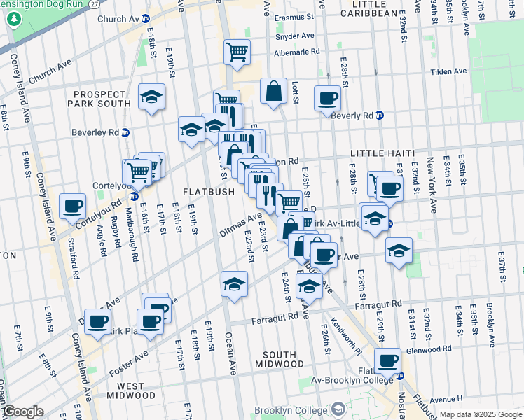 map of restaurants, bars, coffee shops, grocery stores, and more near 1214 Flatbush Avenue in Kings County