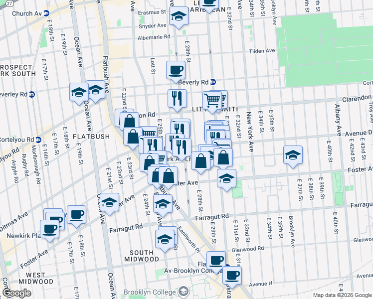 map of restaurants, bars, coffee shops, grocery stores, and more near 2704 Avenue D in Brooklyn