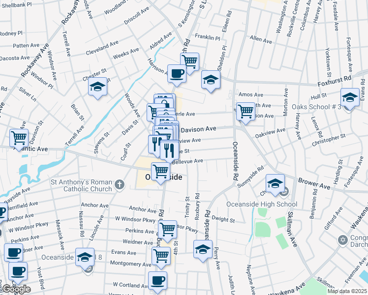 map of restaurants, bars, coffee shops, grocery stores, and more near 37 Pine Street in Oceanside