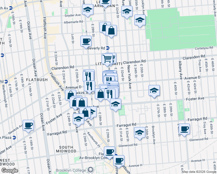 map of restaurants, bars, coffee shops, grocery stores, and more near 1848 Nostrand Avenue in Brooklyn