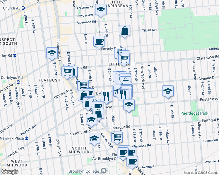 map of restaurants, bars, coffee shops, grocery stores, and more near 2714 Avenue D in Brooklyn