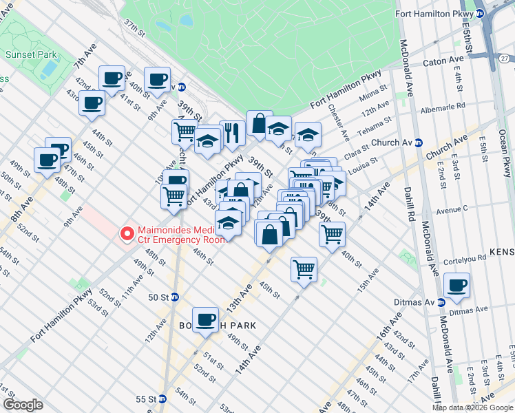 map of restaurants, bars, coffee shops, grocery stores, and more near 1206 40th Street in Brooklyn