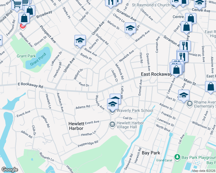 map of restaurants, bars, coffee shops, grocery stores, and more near 7 Leonard Drive in East Rockaway