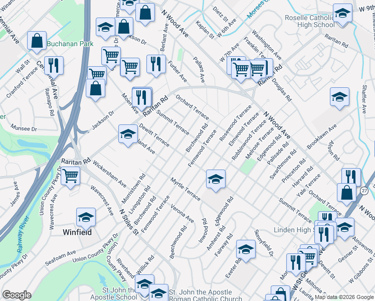 map of restaurants, bars, coffee shops, grocery stores, and more near 218 Birchwood Road in Linden