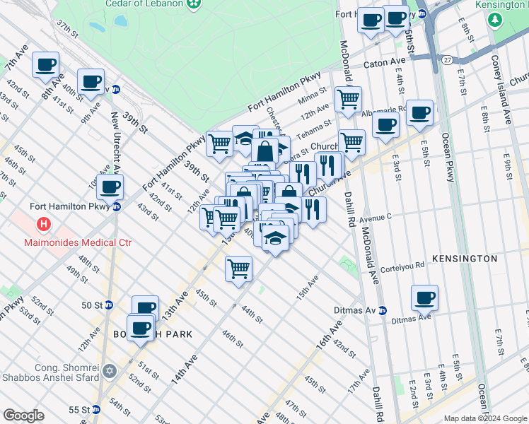 map of restaurants, bars, coffee shops, grocery stores, and more near 1312 38th Street in Brooklyn