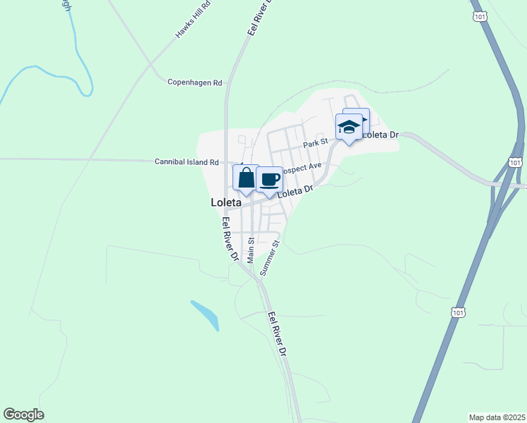 map of restaurants, bars, coffee shops, grocery stores, and more near 417 Railroad Avenue in Loleta