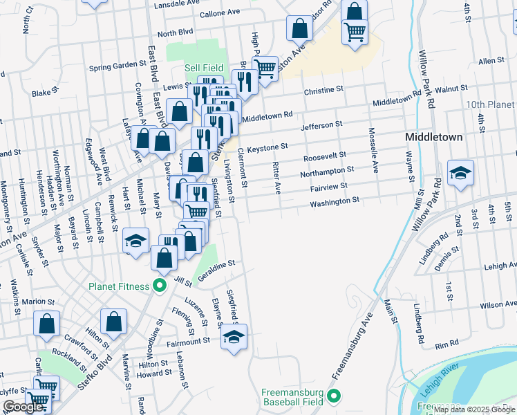 map of restaurants, bars, coffee shops, grocery stores, and more near 2714 Fairview Street in Bethlehem