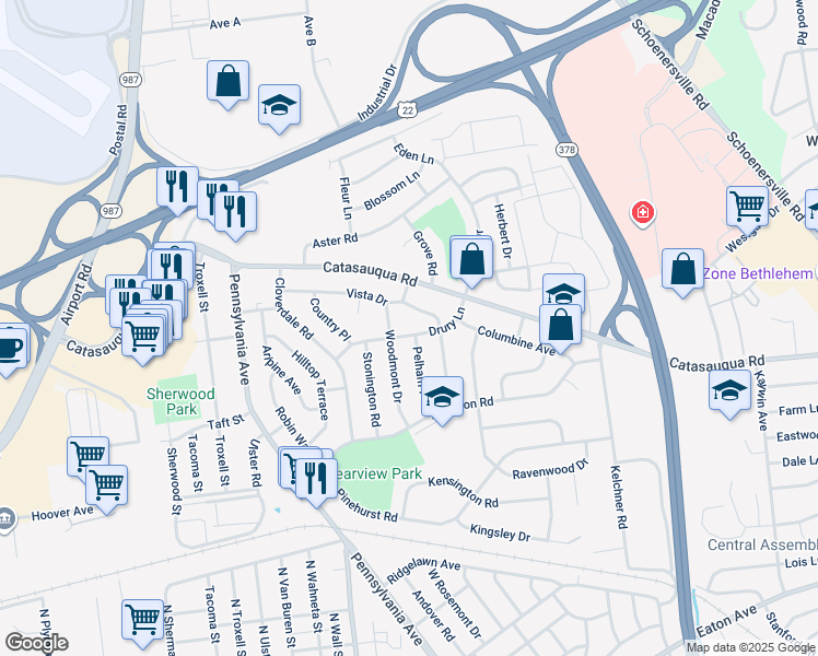 map of restaurants, bars, coffee shops, grocery stores, and more near 2020 Woodmont Drive in Bethlehem