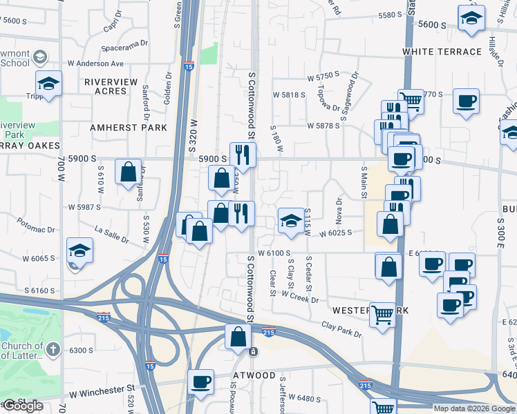 map of restaurants, bars, coffee shops, grocery stores, and more near 5949 South Sultan Circle in Murray
