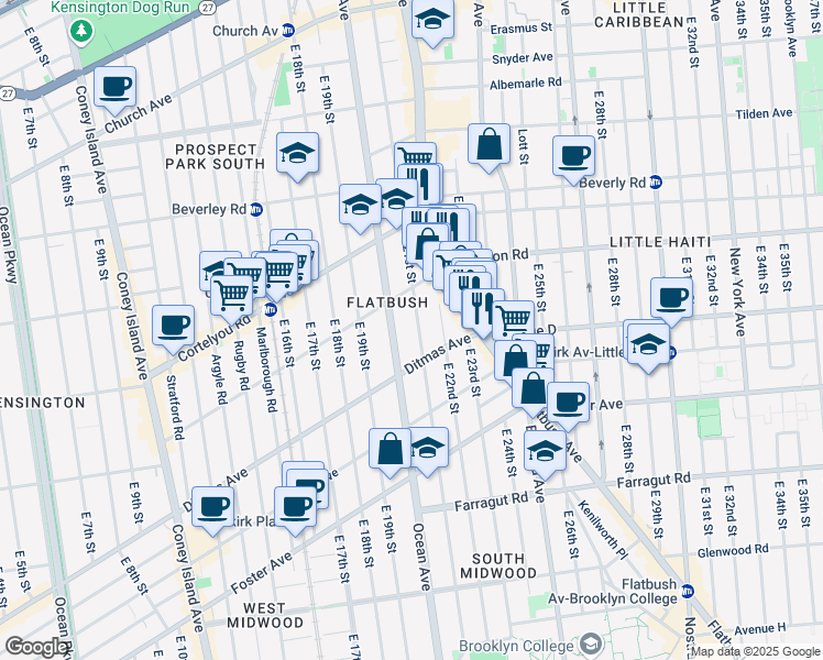 map of restaurants, bars, coffee shops, grocery stores, and more near 544 East 21st Street in Brooklyn