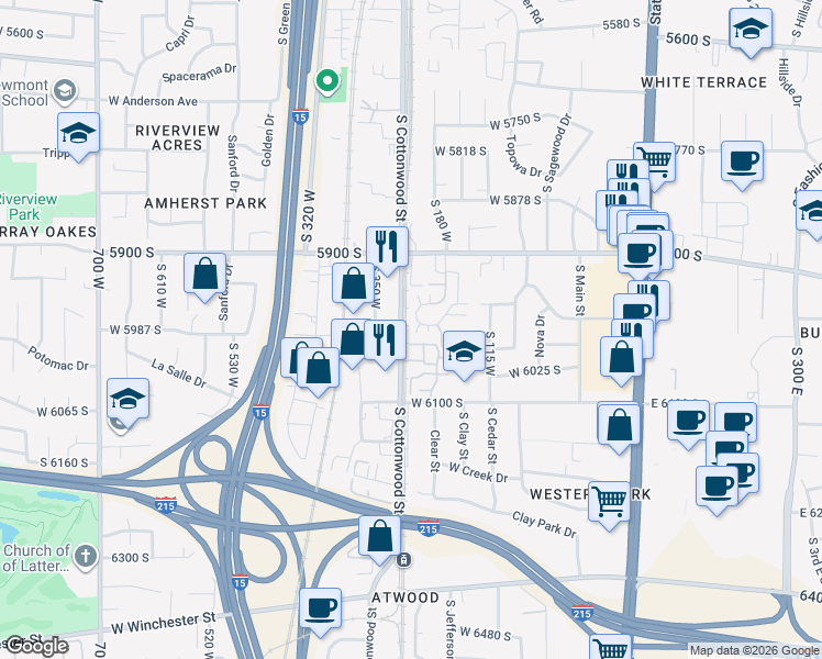 map of restaurants, bars, coffee shops, grocery stores, and more near 5949 South Sultan Circle in Murray