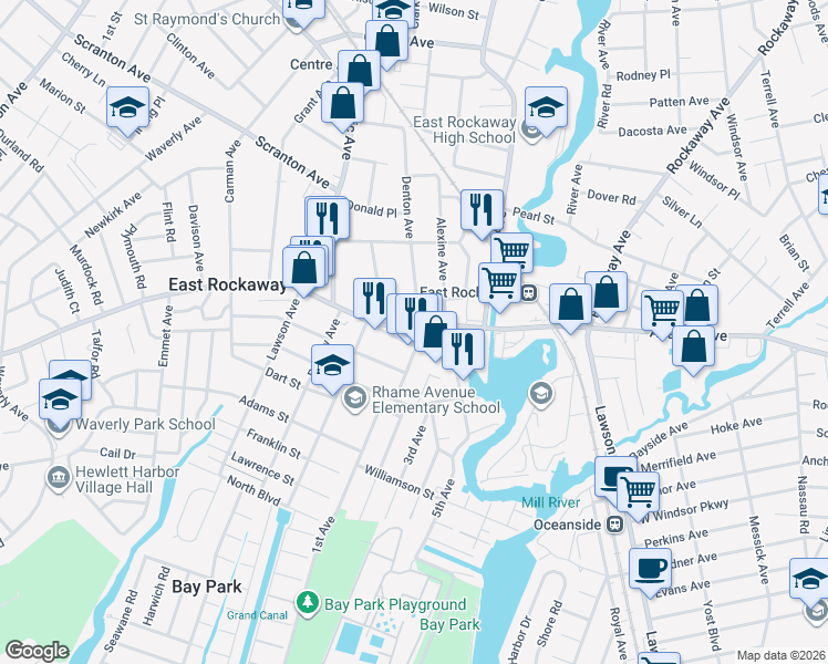 map of restaurants, bars, coffee shops, grocery stores, and more near 77 Denton Avenue in East Rockaway