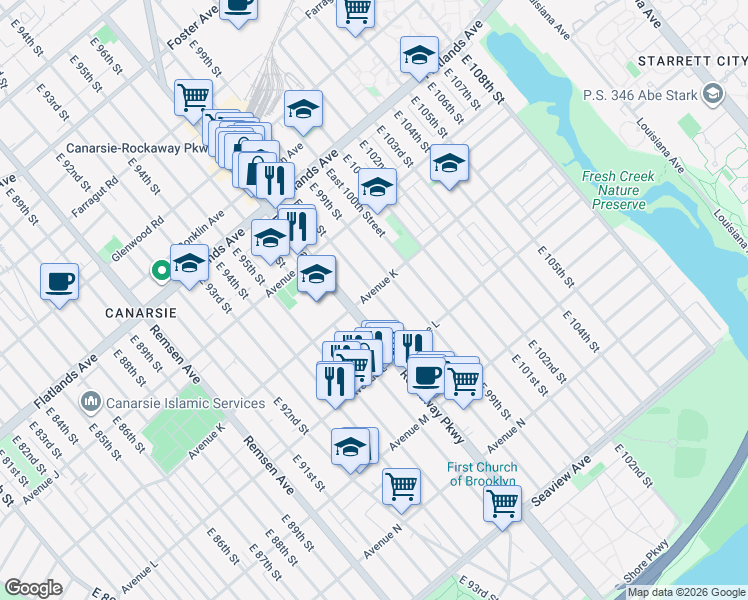 map of restaurants, bars, coffee shops, grocery stores, and more near 9802 Avenue K in Brooklyn