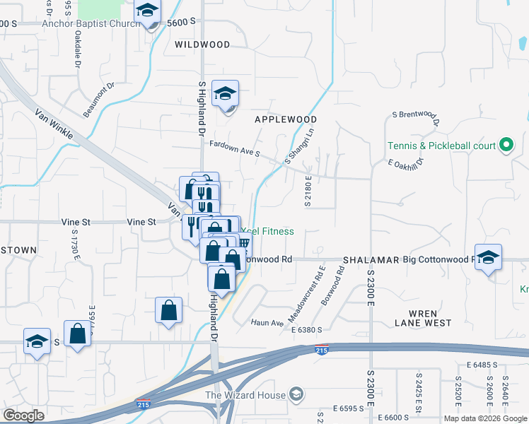 map of restaurants, bars, coffee shops, grocery stores, and more near 2096 East Linden Circle in Holladay