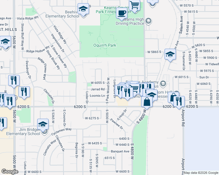 map of restaurants, bars, coffee shops, grocery stores, and more near 6085 South Park Wood Drive West in Kearns