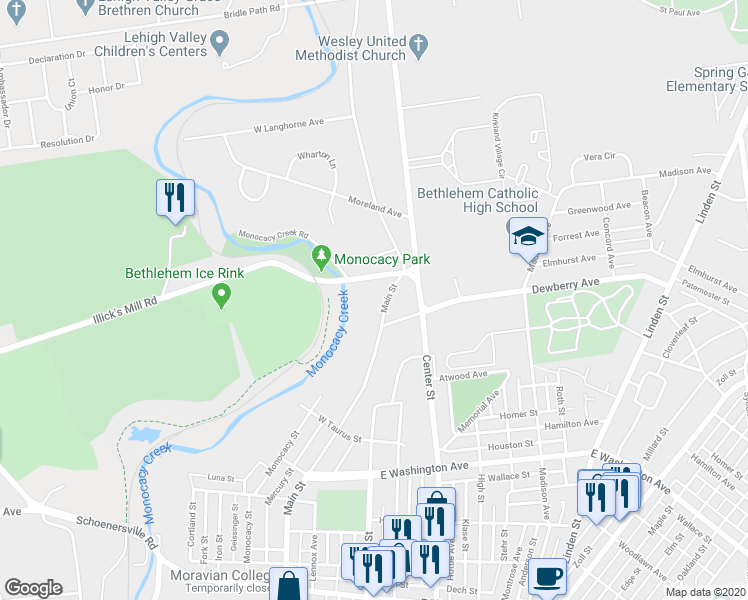 map of restaurants, bars, coffee shops, grocery stores, and more near 2121 Main Street in Bethlehem