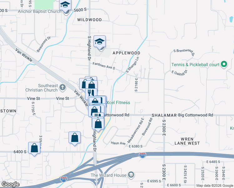 map of restaurants, bars, coffee shops, grocery stores, and more near 6080 South Linden Way in Holladay