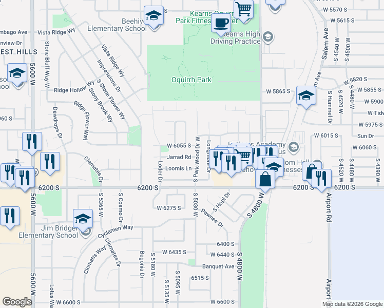 map of restaurants, bars, coffee shops, grocery stores, and more near 6072 South Park Wood Drive West in Kearns