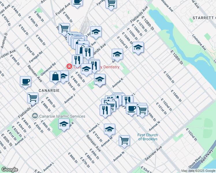 map of restaurants, bars, coffee shops, grocery stores, and more near 1651 Rockaway Parkway in Brooklyn