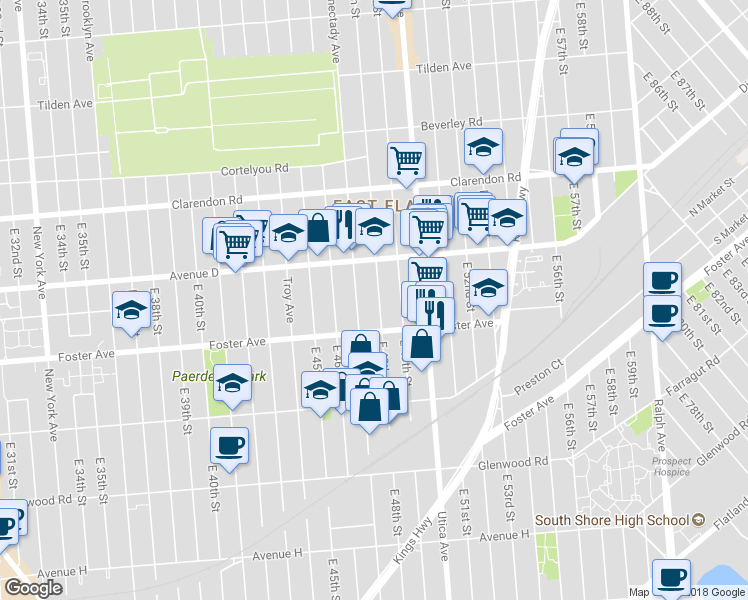 map of restaurants, bars, coffee shops, grocery stores, and more near 1297-1299 Schenectady Avenue in Brooklyn