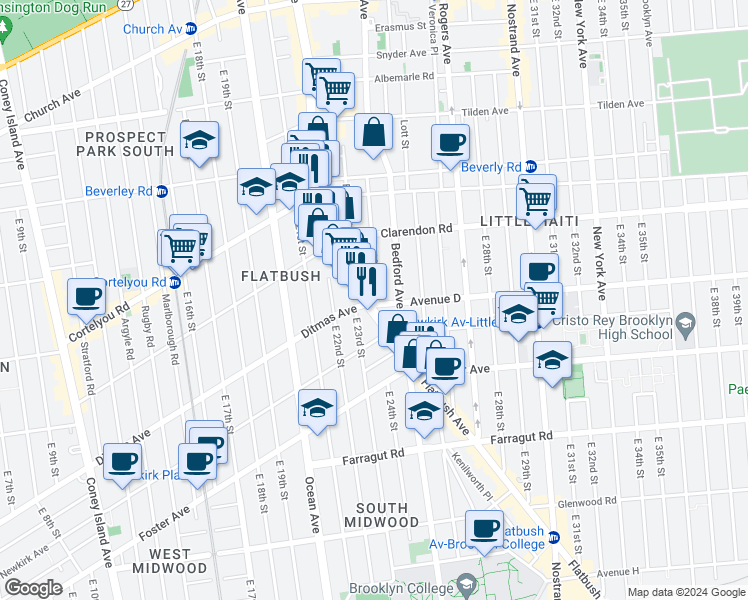 map of restaurants, bars, coffee shops, grocery stores, and more near 1199 Flatbush Avenue in Brooklyn