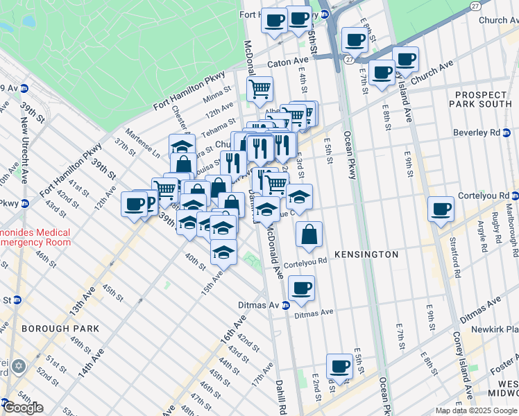map of restaurants, bars, coffee shops, grocery stores, and more near 261 Dahill Road in Brooklyn