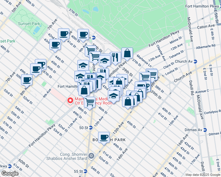 map of restaurants, bars, coffee shops, grocery stores, and more near 1128 42nd Street in Brooklyn
