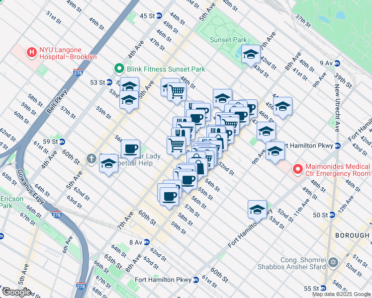 map of restaurants, bars, coffee shops, grocery stores, and more near 5205 7th Avenue in Brooklyn