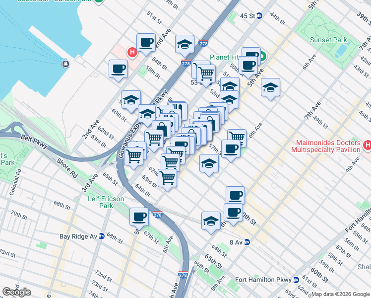 map of restaurants, bars, coffee shops, grocery stores, and more near 452 58th Street in Brooklyn