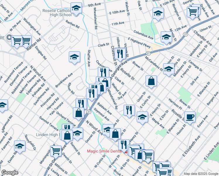 map of restaurants, bars, coffee shops, grocery stores, and more near 300 East Saint Georges Avenue in Linden