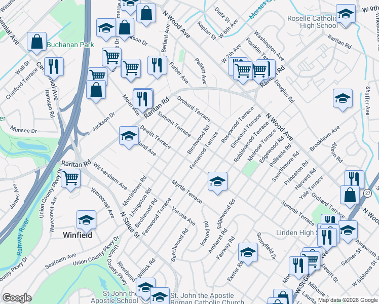 map of restaurants, bars, coffee shops, grocery stores, and more near 218 Birchwood Road in Linden