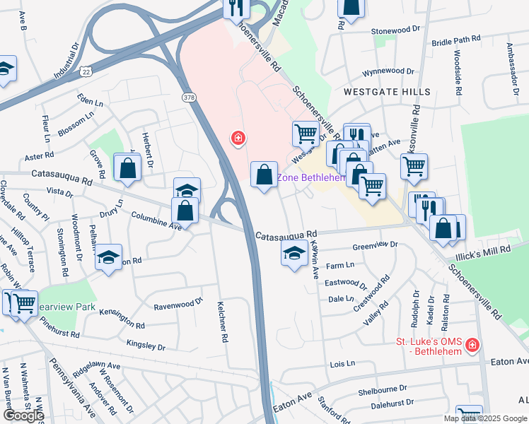 map of restaurants, bars, coffee shops, grocery stores, and more near 2045 Westgate Drive in Bethlehem